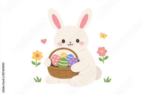 Cute cartoon bunny holding easter egg basket with flowers and butterfly