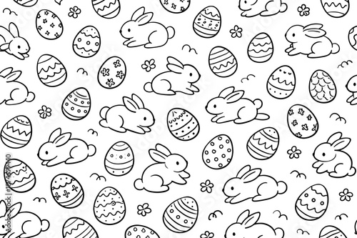 Seamless easter pattern with bunnies and decorated eggs in black and white