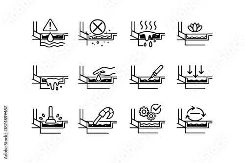 Overflow debris icon window vector iconography blocked sill cue channel correction awareness