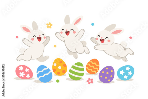Playful cartoon bunnies celebrating easter with colorful decorated eggs