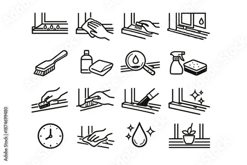 Focus silhouette upkeep cleaning groove icon window sill brush maintenance calm vector