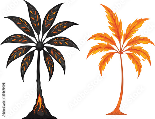Fantasy volcanic palm tree illustration, fiery foliage artwork, surreal lava tree design, creative tropical nature drawing, decorative exotic tree art, flat vector