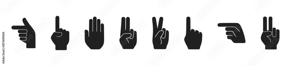 Obraz premium Set of hand gesture icons showing numbers and directions in black silhouette