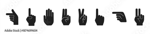 Set of hand gesture icons showing numbers and directions in black silhouette
