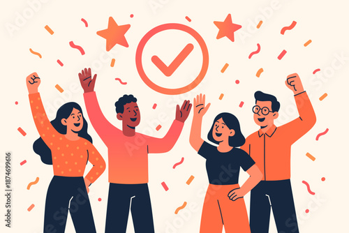 Diverse team celebrating success with enthusiastic gestures and confetti