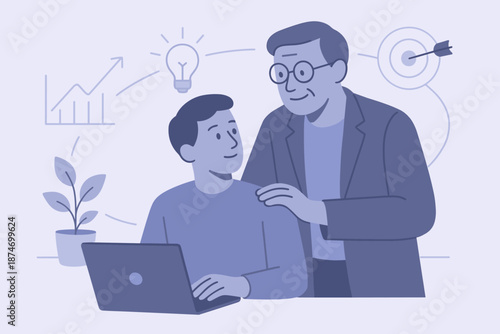 Mentorship scene with two caucasian males in professional setting