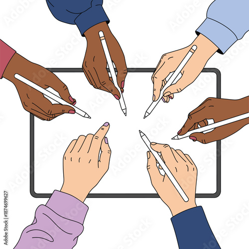 Multiple hands with varying skin tones are actively using digital styluses on a central tablet, representing teamwork, design, and digital collaboration.