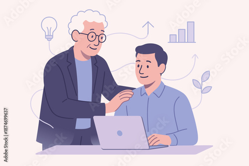 Elderly caucasian man mentoring young adult male in office setting with laptop and graphs