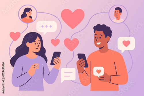 Young diverse couple chatting online with hearts and messages