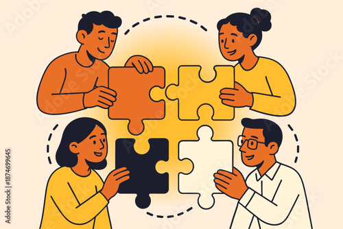 Diverse team collaboration with puzzle pieces, four people, teamwork, problem solving, cartoon art