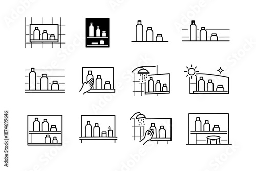 Storage minimalist start shower vector icons silhouette wall readiness overview interior clean