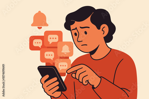 Stressed young hispanic male checking smartphone notifications