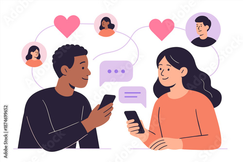 Interracial young adults online dating with smartphones and profile icons