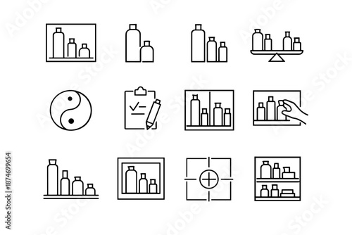 Icon visual focus bottle logic minimalist containers silhouettes vector planning balance icons
