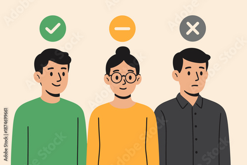 Three person group with positive, neutral, and negative expressions on iconic background