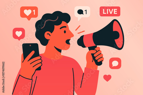 Young hispanic male influencer broadcasting live on social media with megaphone