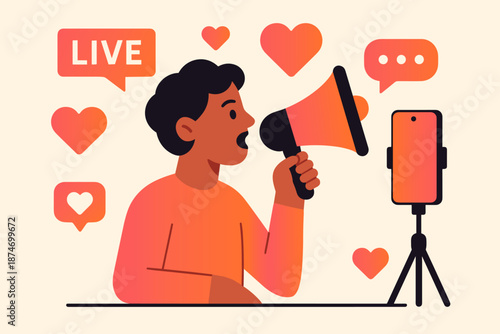 Young male engaging in social media live broadcast with smartphone and megaphone