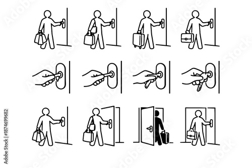 Planning daily silhouette minimalist calm vector carrying icon use reach scenario set