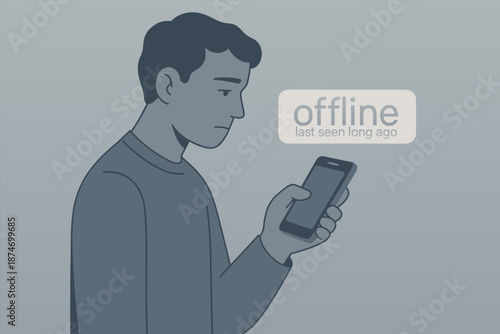 Young caucasian male checking phone offline status in monochrome illustration
