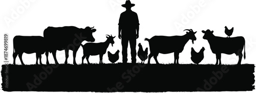 Farmer with livestock silhouette icons, farm animals and agriculture scene, rural countryside set, black vector, cad drawing flat vector illustration