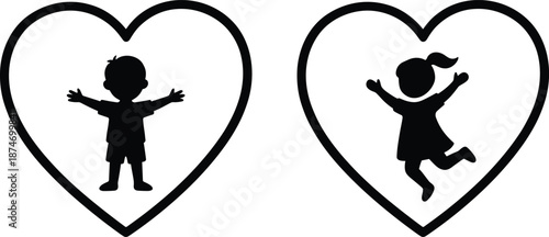 Black Silhouette of Happy Boy and Girl Inside Hearts on White Background Keywords: boy, girl, child, children, silhouette, heart