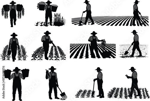 farmer, farming, agriculture, harvest, crops, field, soil, planting, watering, hoe, shovel, rake, basket, produce, cultivation, silhouette, rural, agronomy, gardening, labor