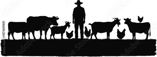 farmer, livestock, animals, agriculture, farming, countryside, rural, pasture, cow, goat, chicken, calf, poultry, cattle, silhouette, grass, village, barnyard, herd, agronomy