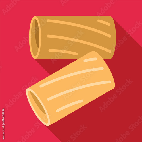 Two rigatoni pasta pieces with long shadow on a red background