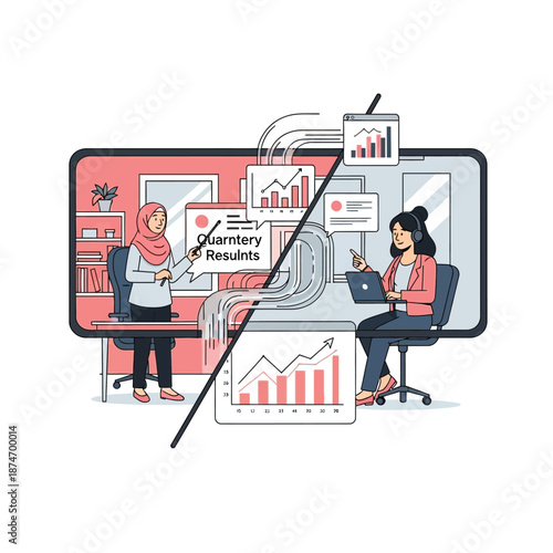 Two professional women engage in a dynamic virtual business meeting, efficiently sharing quarterly results and analyzing data through a modern online collaboration platform.
