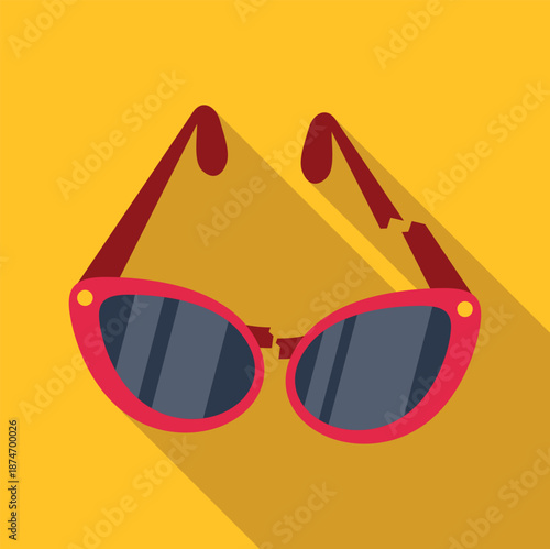 Broken pink sunglasses lying on a yellow background with a long shadow