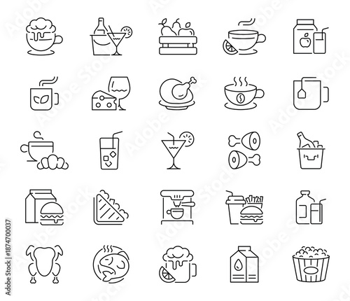 Food and drinks icons set. line, editable line icons for culinary, beverage design