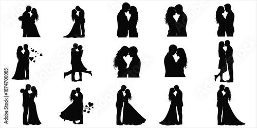 Collection of Black Silhouettes of Romantic Couples Embracing on White Background vector illustration