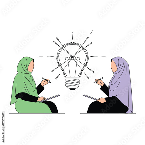 Creative collaboration between two women wearing hijabs, exchanging innovative ideas and developing new concepts, depicted with a central lightbulb illustration.