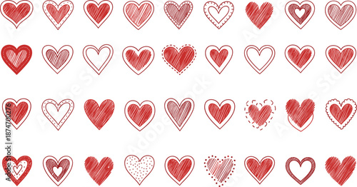 Collection of Red Hand Drawn Hearts with Various Fill Patterns and Outlines love romance