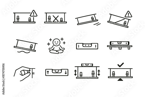 Cue correction uneven mismatched minimalist height leveling icons shelf icon vector warning