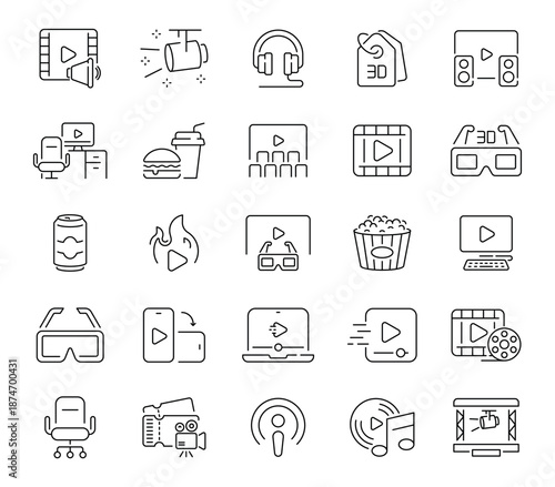 Cinema icons set. editable line icons. linear, film, movie theater graphics