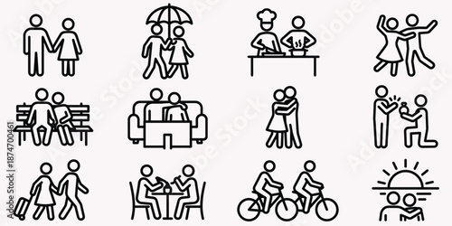 Collection of Simple Line Icons Depicting Couples Engaged in Various Activities love relationship