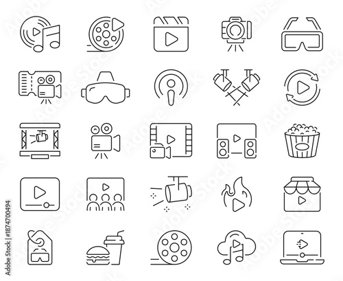 Cinema icons set. editable line icons, outline, movie and film symbols