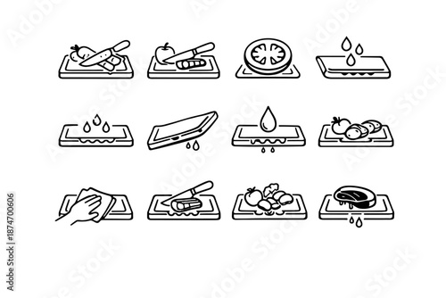 Silhouette logic vector focus icon moisture cutting hygiene vegetable kitchen prep set