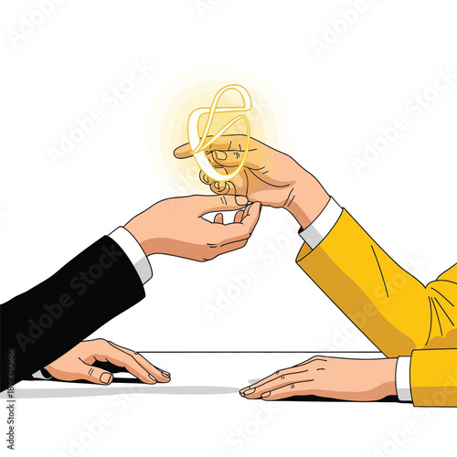 This conceptual illustration portrays two hands exchanging a glowing, abstract financial symbol, signifying a valuable business transaction or partnership agreement.