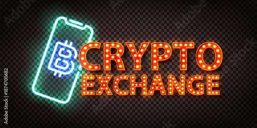 Vector neon sign of Crypto Exchange isolated on the transparent background.