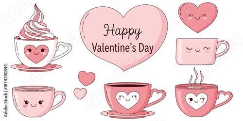 Cute cartoon cups of coffee and hearts for Valentine's Day valentines day love