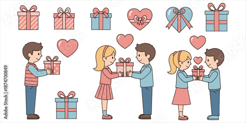 Couples Exchanging Gifts on Valentine's Day with Hearts and Presents exchange