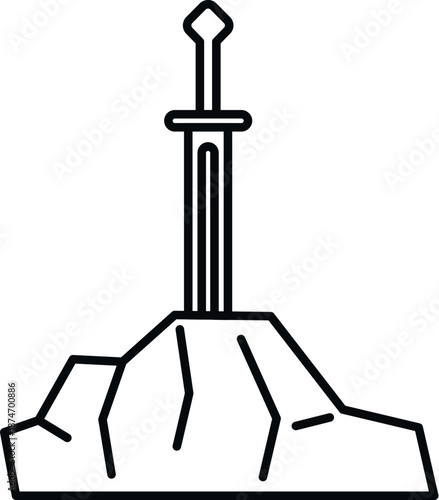 Stylized line icon depicting a legendary sword firmly embedded in a rock