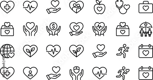 Diverse Healthcare and Love Themed Icons in Grid Format heart medical