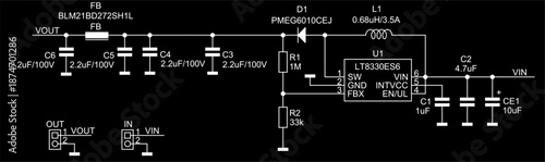 Schematic diagram of digital electronic device 
on paper sheet. Vector drawing electrical circuit with 
integrated circuit, connector, diode, inductor coil, 
capacitor, resistor, other components.