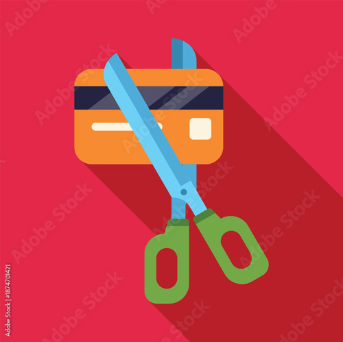 Scissors cutting an orange credit card on a red background, representing financial freedom