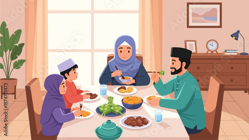This flat design vector illustration captures the joyful moment of a Muslim family sharing an Idul Fitri meal, symbolizing togetherness and shared blessings