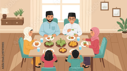 This flat design vector illustration captures the joyful moment of a Muslim family sharing an Idul Fitri meal, symbolizing togetherness and shared blessings