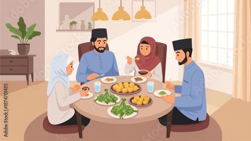 This flat design vector illustration captures the joyful moment of a Muslim family sharing an Idul Fitri meal, symbolizing togetherness and shared blessings
